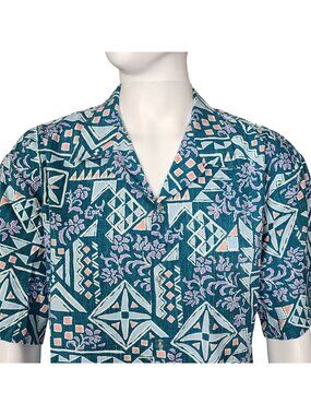 Kai Nani Made In Hawaii Mens Vintage Blue Geometric Floral Hawaiian Aloha Shirt,